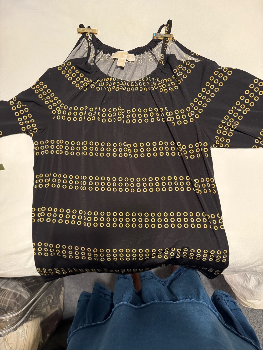 Michael Kors Black Cold-Shoulder Blouse with Gold Eyelet Print